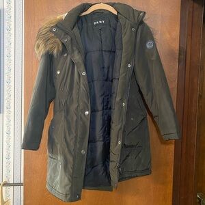 DKNY Kids Olive Puffer Coat with Fur Hood